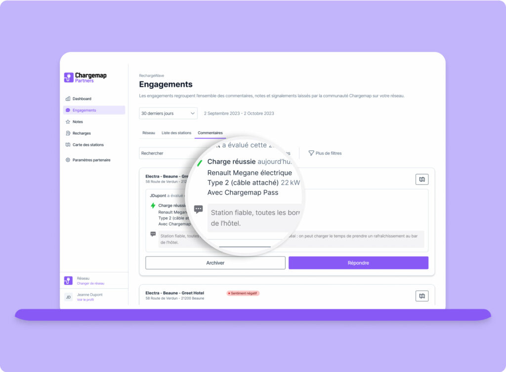 Vue de l'ensemble des engagements des utilisateurs d'un réseau de recharge sur chargemap partners